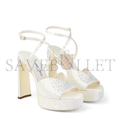 JIMMY CHOO KARLI PLATFORM 125 IVORY SATIN CRYSTAL PLATFORM SANDALS KARLIPF125BRZ